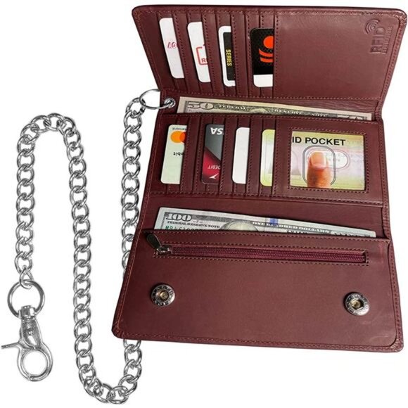 Men’s Trucker Biker Metal Chain Wallets, Oxblood - Picture 3 of 7